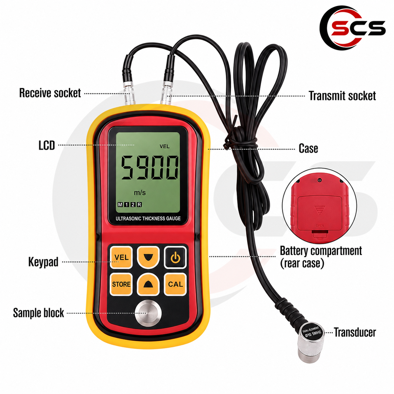 Ultrasonic Thickness Gauge SCS-UTG-2602 – Digital Ultrasonic Thickness Meter, 1.2–225 mm Measuring Range, 5 MHz Probe, LCD Display